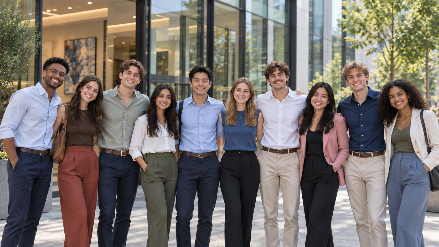 Pre-law students in a group portrait outdoors in front of a modern building