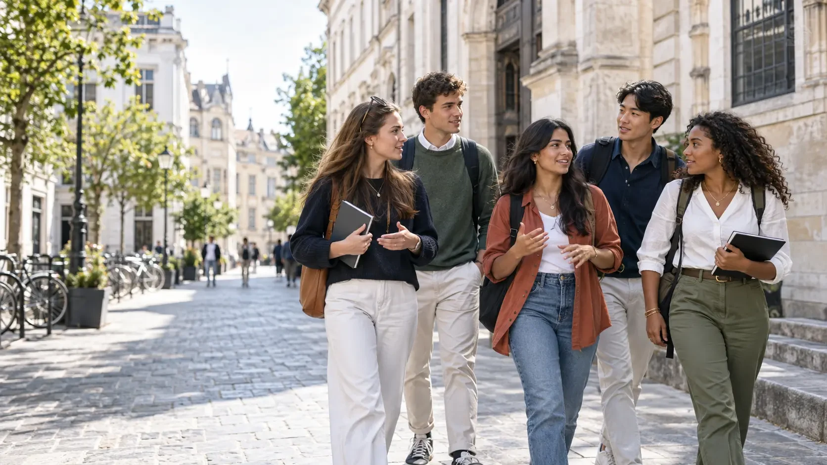 Students walking together through a historic European city