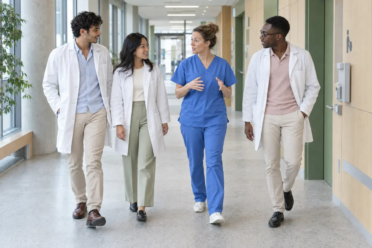 Pre-health students walking through a hospital corridor with a healthcare professional