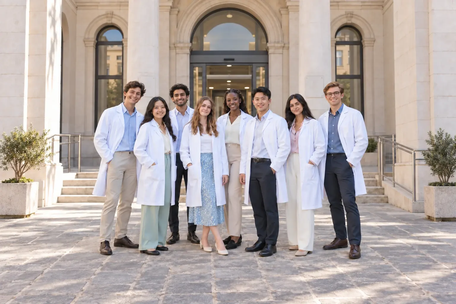 A group of pre-health students outside a European healthcare building