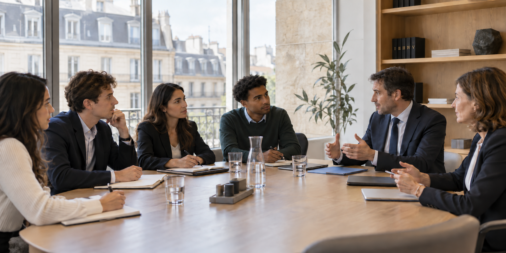 Pre-law students in discussion with legal professionals around a conference table